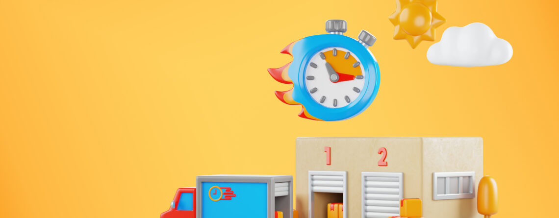 Illustration de la gestion du lead time avec un entrepôt, un camion de livraison et un chronomètre enflammé symbolisant la rapidité logistique.
