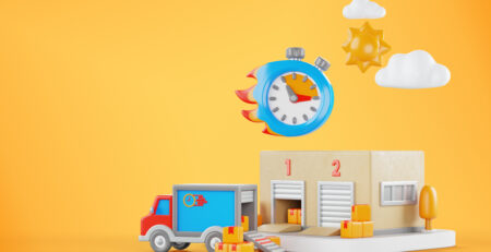 Illustration de la gestion du lead time avec un entrepôt, un camion de livraison et un chronomètre enflammé symbolisant la rapidité logistique.