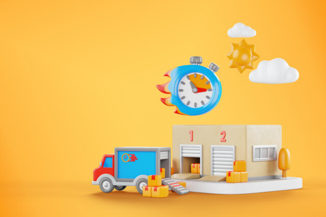 Illustration de la gestion du lead time avec un entrepôt, un camion de livraison et un chronomètre enflammé symbolisant la rapidité logistique.