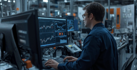 Ingénieur analysant un tableau de bord de suivi de production industrielle dans une usine