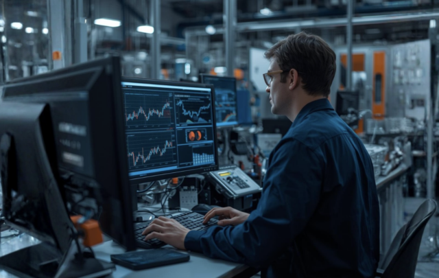 Ingénieur analysant un tableau de bord de suivi de production industrielle dans une usine